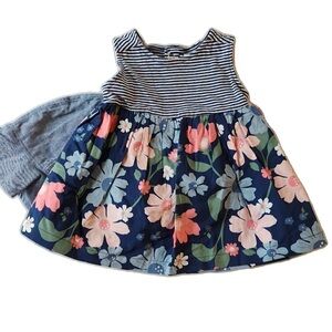 Carter’s Navy Blue Striped Floral Dress w/ Sun Hat